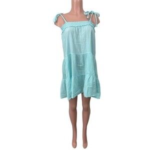 NWT Seaspice Sleeveless Tie Strap Tiered Gauze Turquoise Mini Dress Size SMALL‎